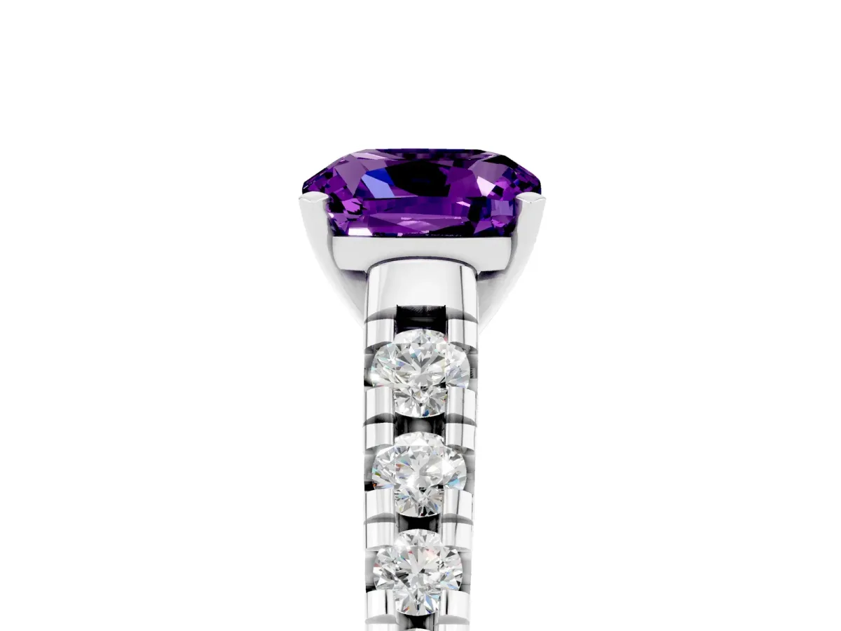 Cushion Cut Amethyst Cathedral Solitaire Ring with Round Pavé Band Silver