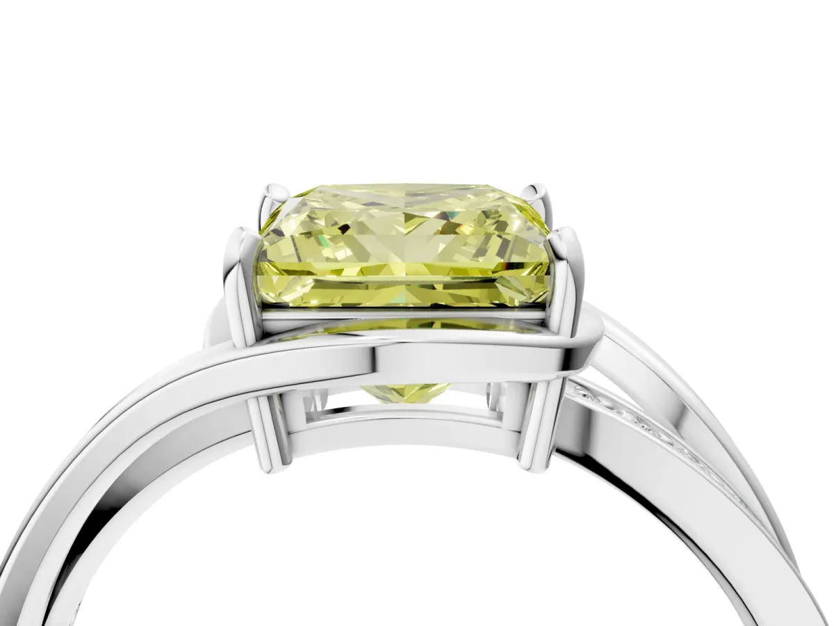 Fancy Yellow Princess Cut Diamond Solitaire Ring with Split Shank and Prong Setting Platinum