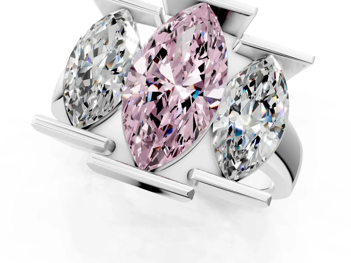 Fancy Pink Three Stone Marquise Cut Cut Channel Set Diamond Ring Silver