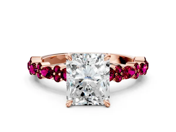 Radiant Cut Diamond Side Stone Solitaire Ring with Round Garnet and Four-Prong Setting Rose gold