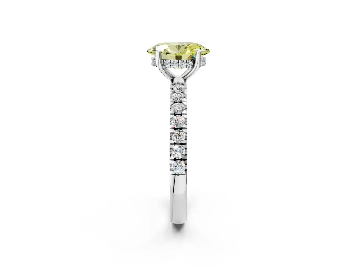 Fancy Yellow Oval Cut Diamond Pave Band Solitaire Ring with Round and Prong Setting Silver