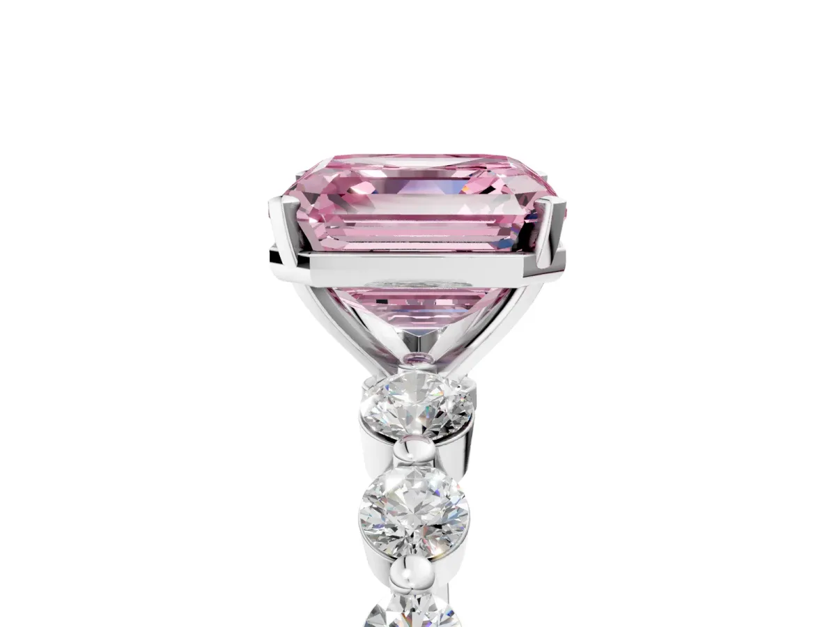 Fancy Pink Asscher Cut Solitaire Diamond Ring with Pave Band and Four-Prong Setting Silver