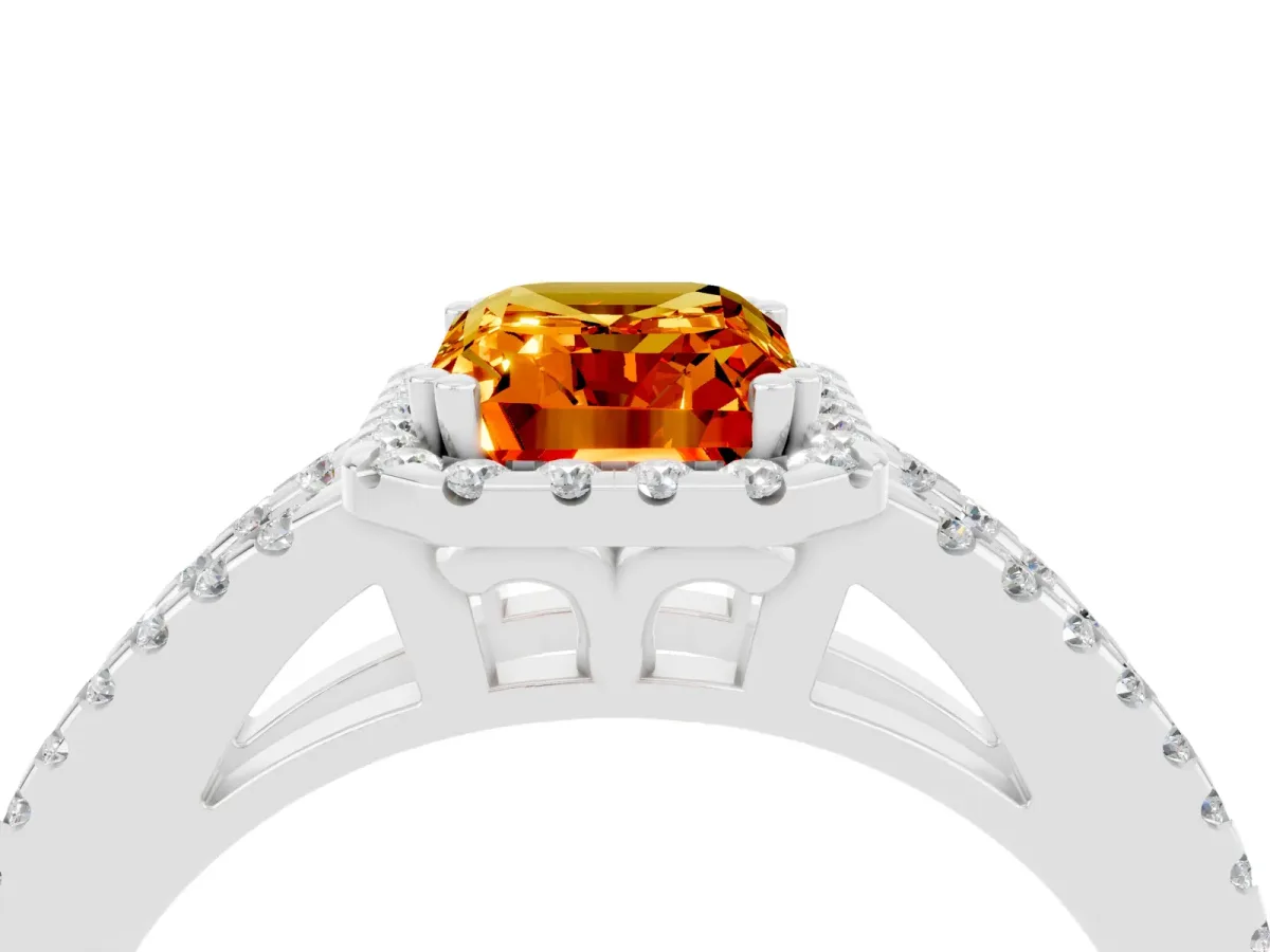 Emerald Cut Citrine Halo Split Shank Engagement Ring Platinum