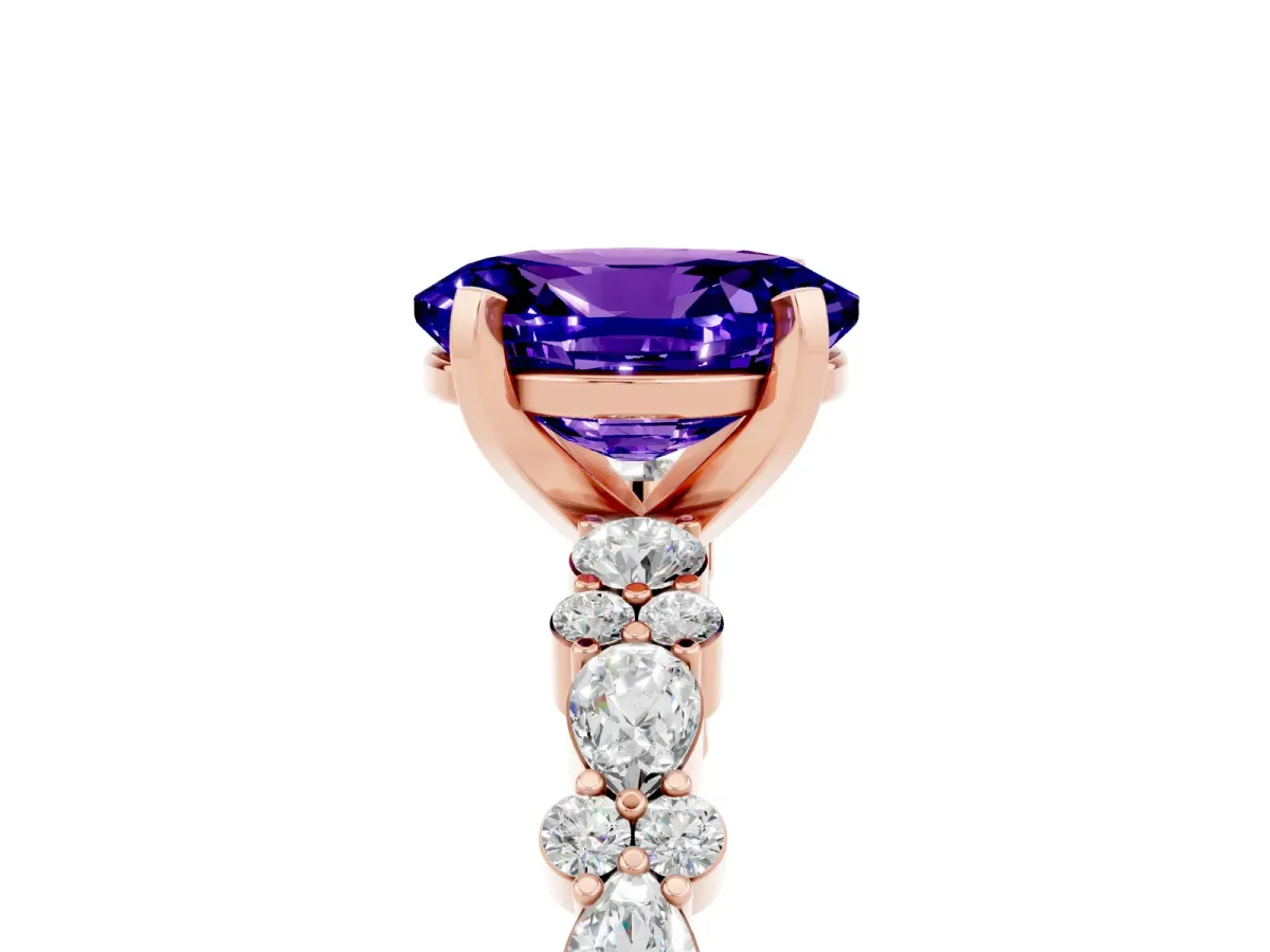 Oval Cut Tanzanite Side Stone Solitaire Ring with Round and Four-Prong Setting Rose gold
