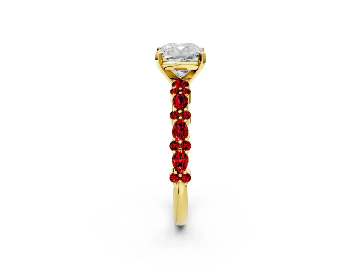 Cushion Cut Diamond Side Stone Solitaire Ring with Round Ruby and Four-Prong Setting Yellow gold