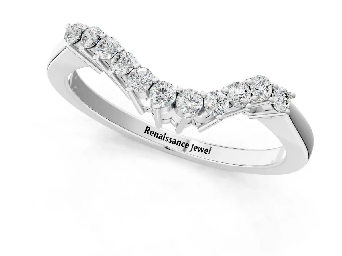 Round Diamond V-Shaped White Gold Band with Prong Setting Platinum