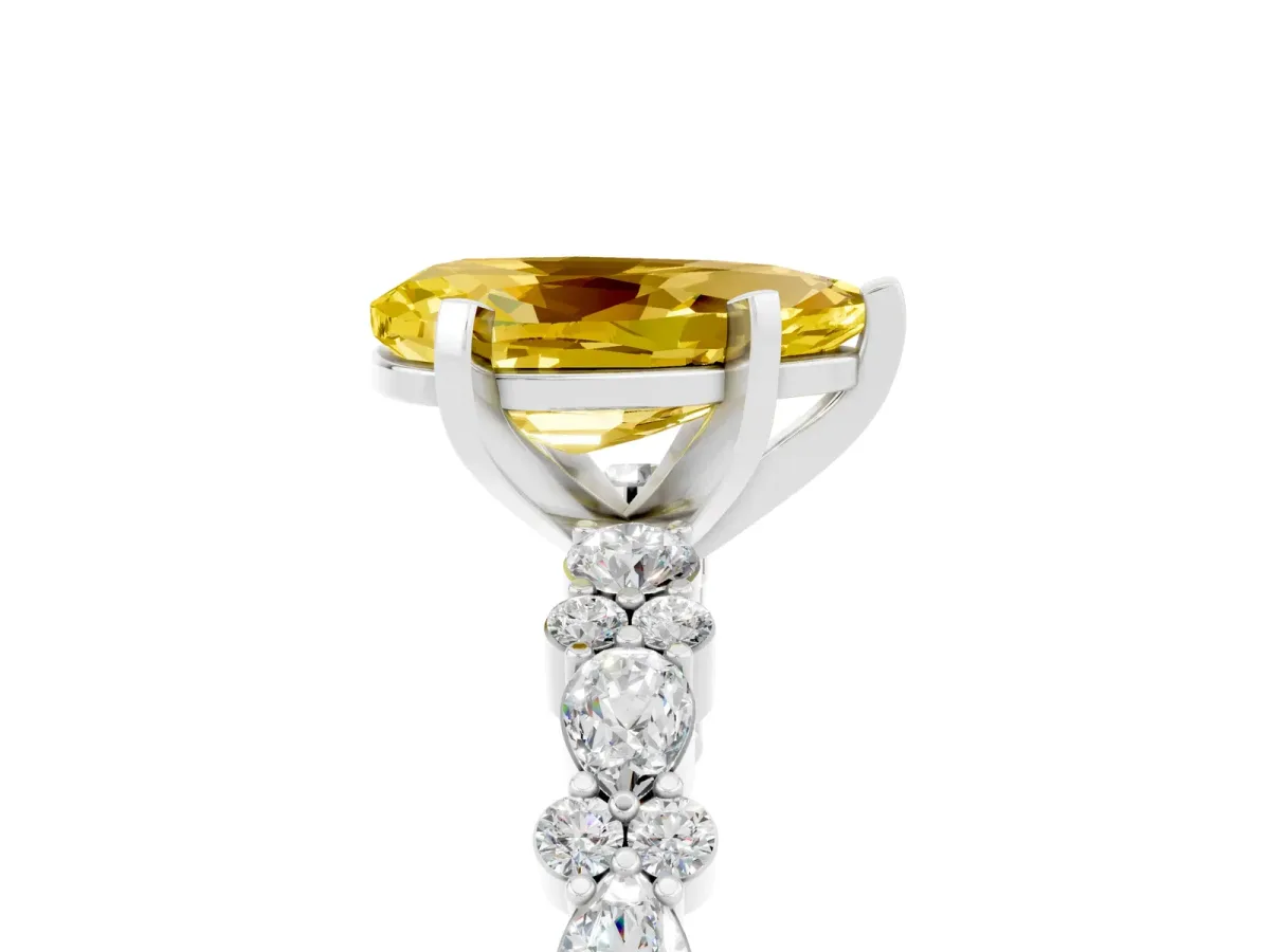 Pear Cut Yellow Sapphire Side Stone Solitaire Ring with Round and Four-Prong Setting Silver