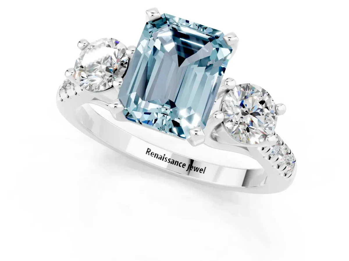 Three-Stone Emerald Cut Aquamarine Pavé Band with Four-Prong Setting Silver