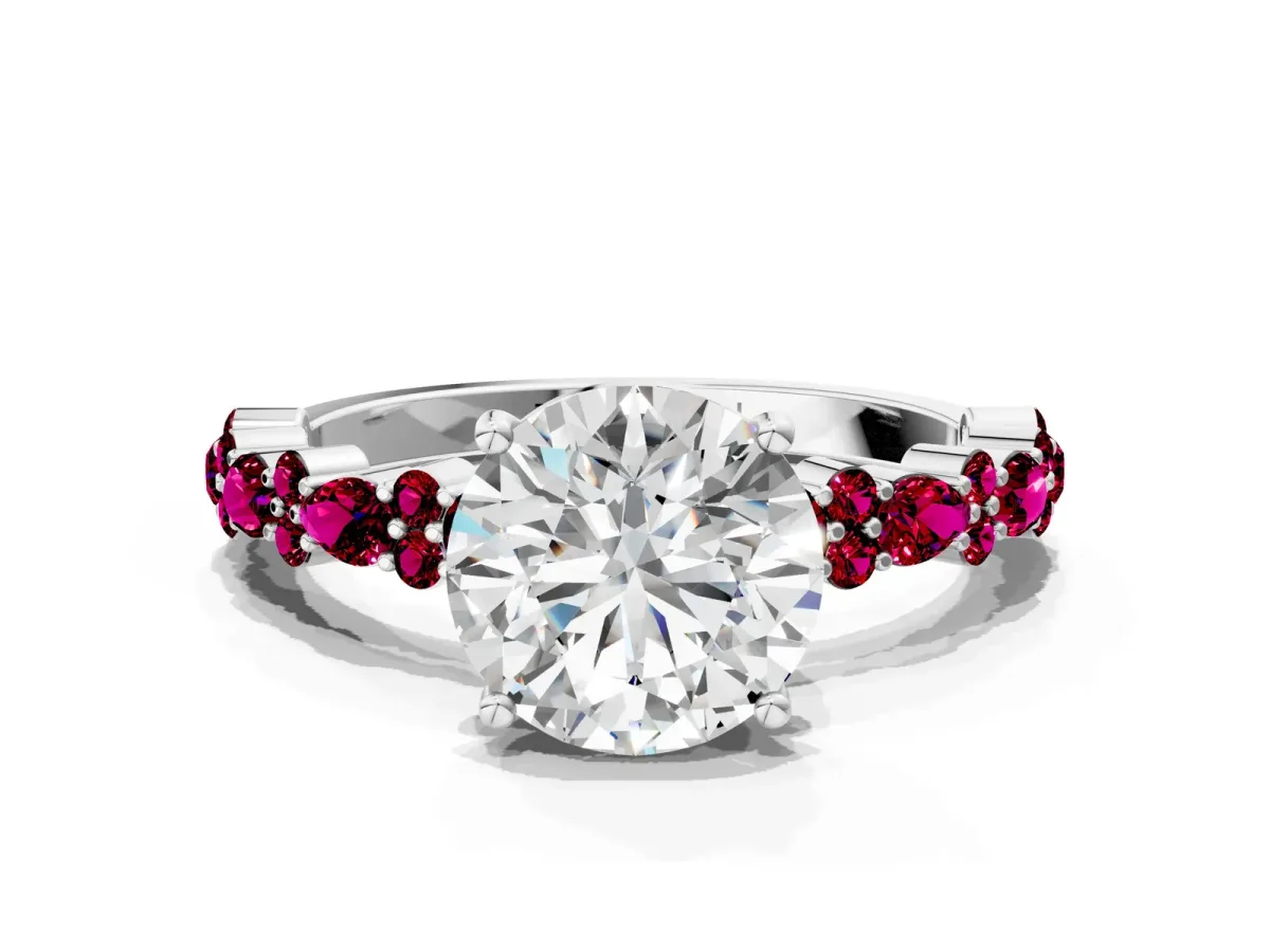 Round Cut Diamond Side Stone Solitaire Ring with Round Garnet and Four-Prong Setting Silver