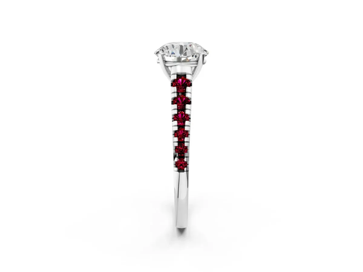 Round Cut Diamond Cathedral Solitaire Ring with Round Garnet Pavé Band Platinum