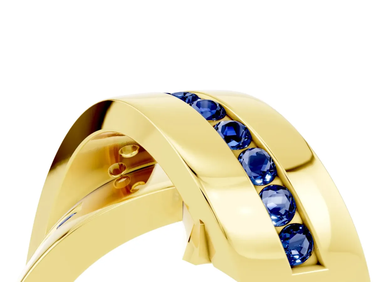 Pavé Round Blue Sapphire Crossover Band with Channel Setting Yellow gold