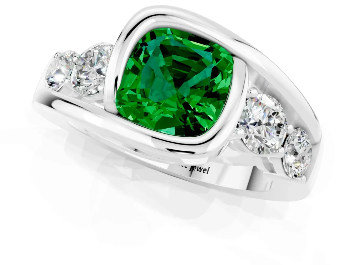 Bezel Set Cushion Cut Emerald Bypass Ring with Round Accents Silver