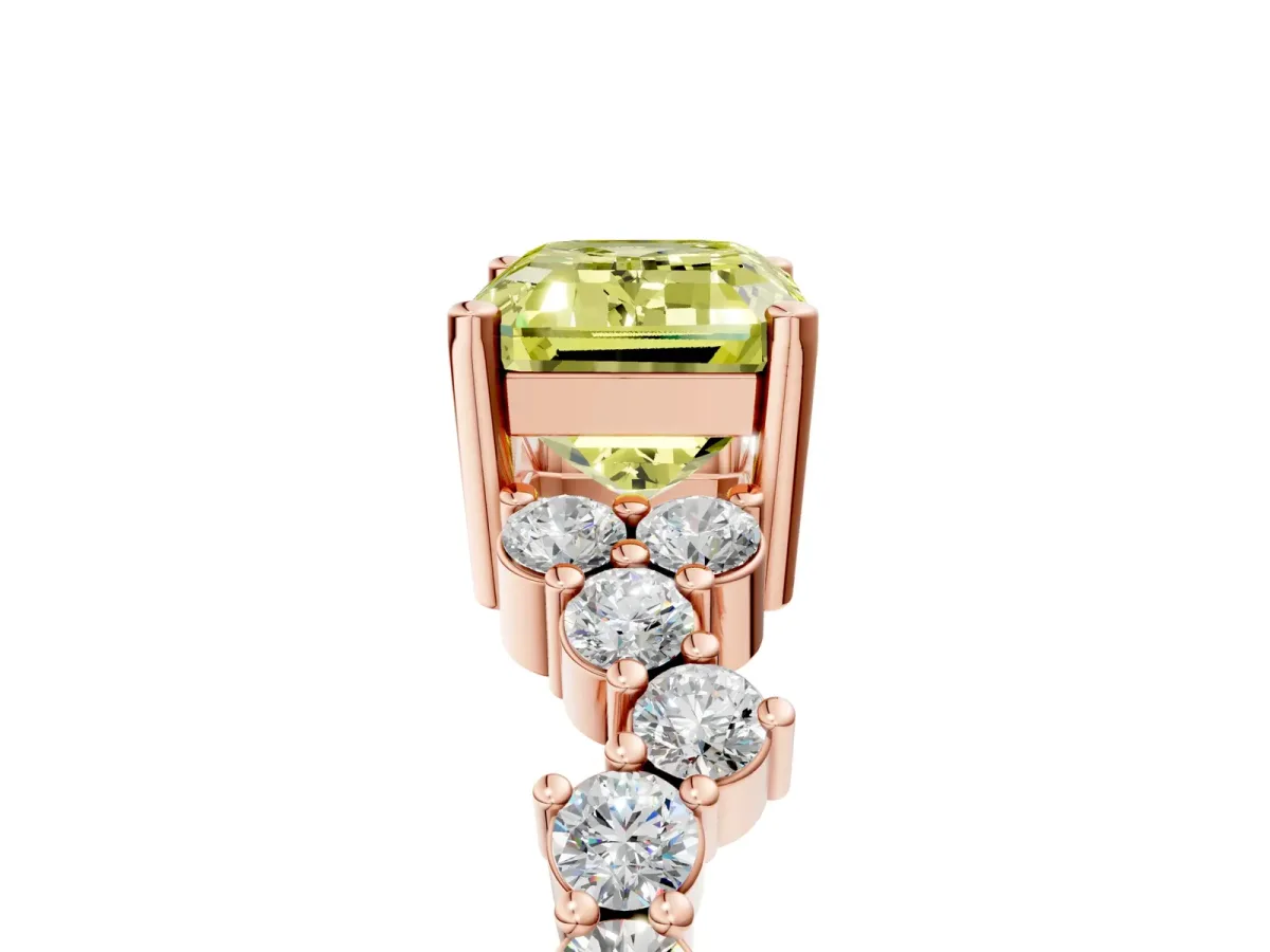 Fancy Yellow Emerald Cut Diamond Scattered Round Accent Ring with Prong Setting Rose gold