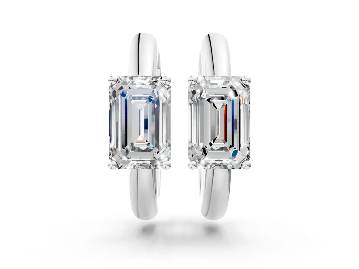 Emerald Diamond Solitaire Huggie Hoop Earrings Silver