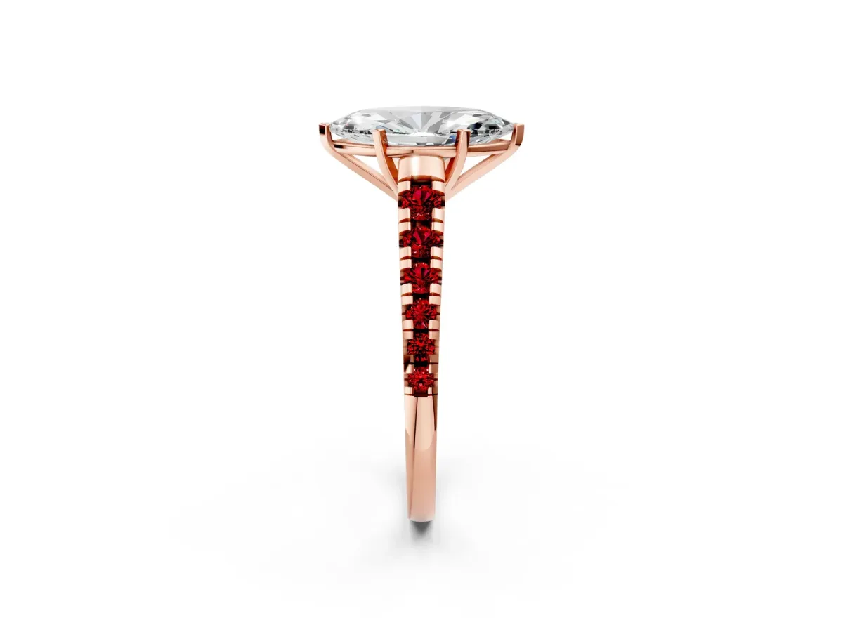 Marquise Cut Diamond Cathedral Solitaire Ring with Round Ruby Pavé Band Rose gold