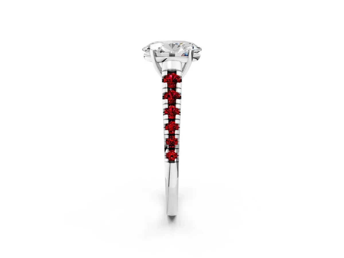 Oval Cut Diamond Cathedral Solitaire Ring with Round Ruby Pavé Band Silver