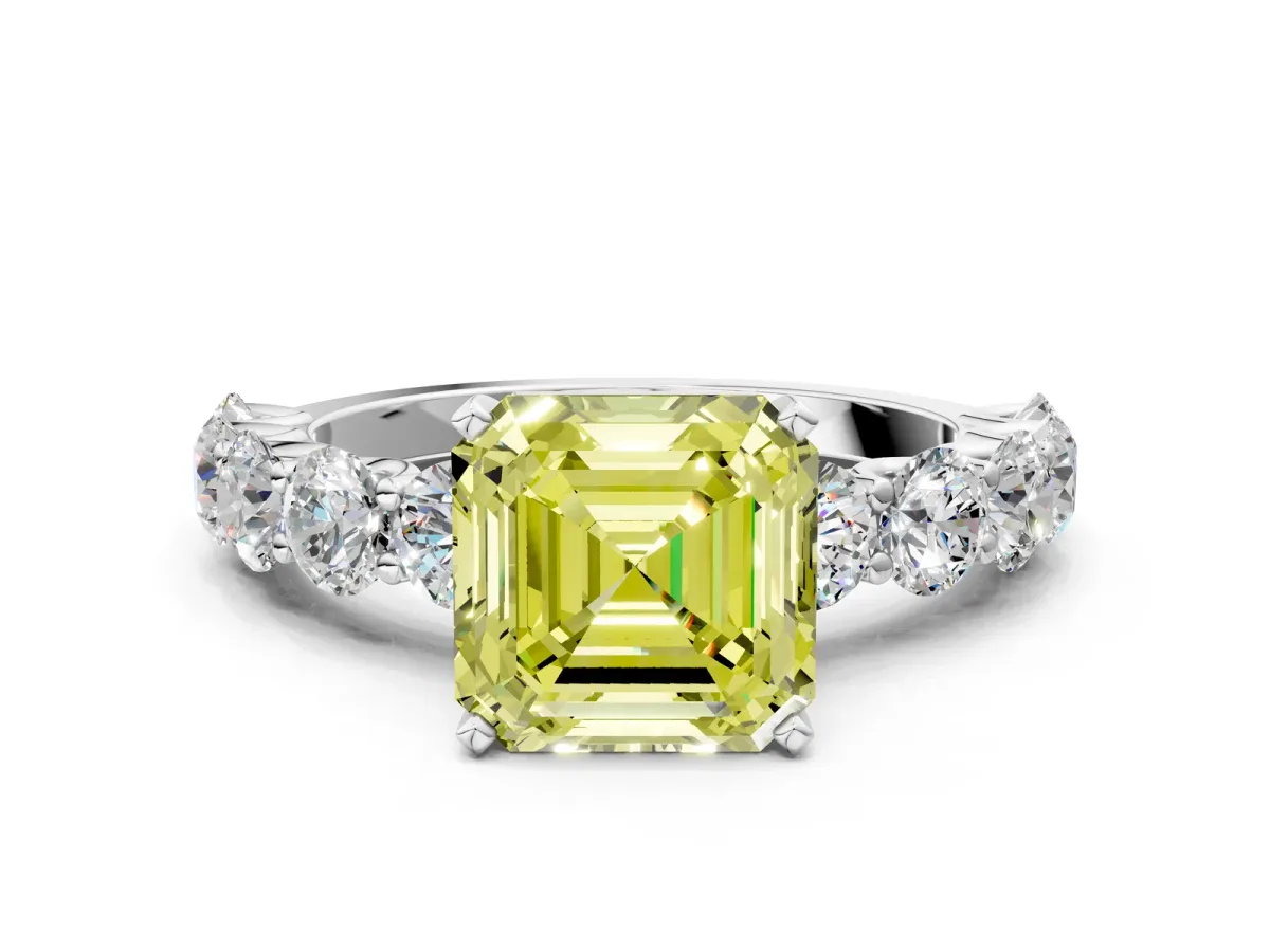 Fancy Yellow Asscher Cut Diamond Prong Setting with Side Stones on a Pave Band Silver