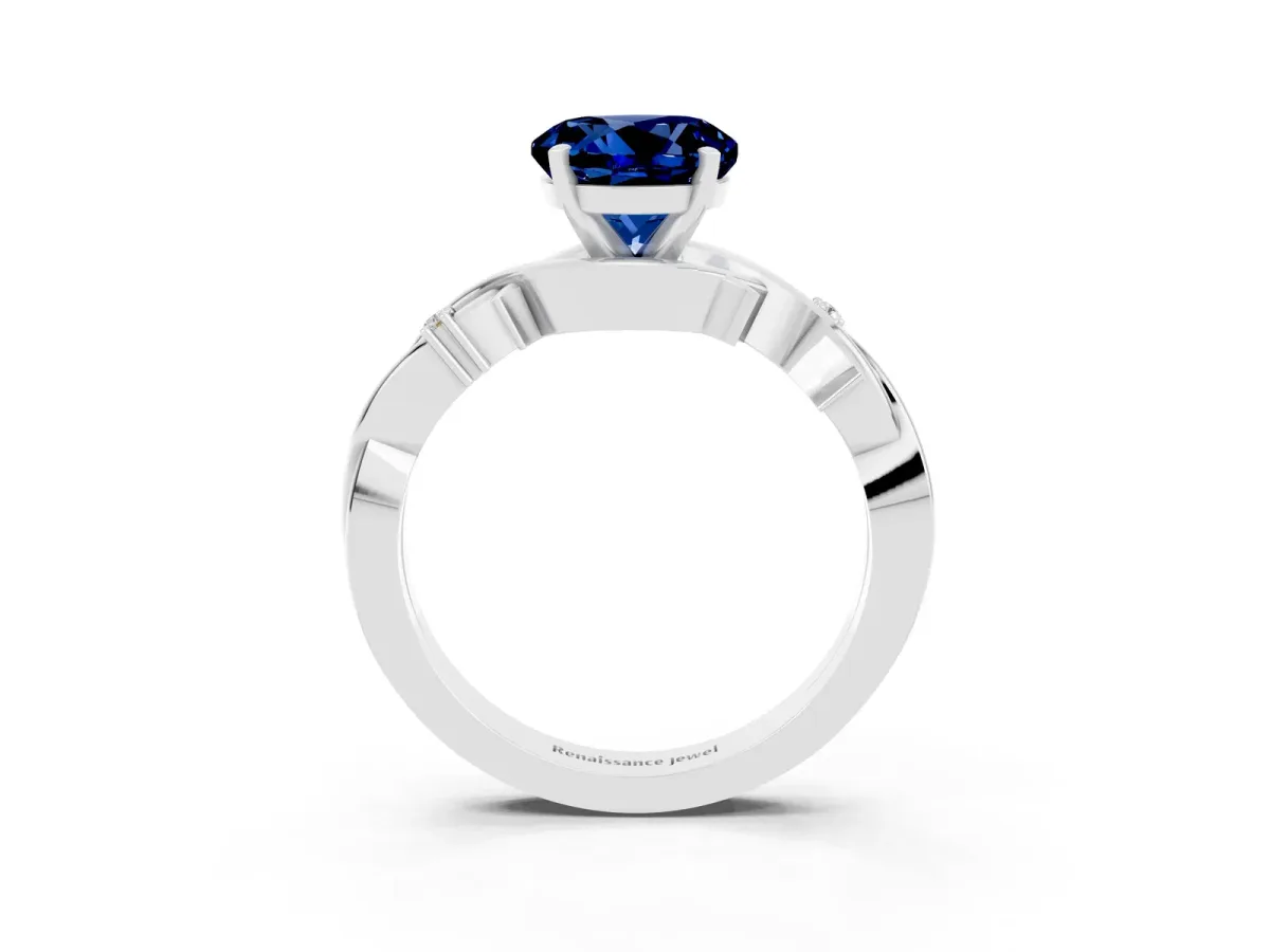 Round Cut Blue Sapphire Solitaire Ring with Twisted Band and Prong Setting Silver