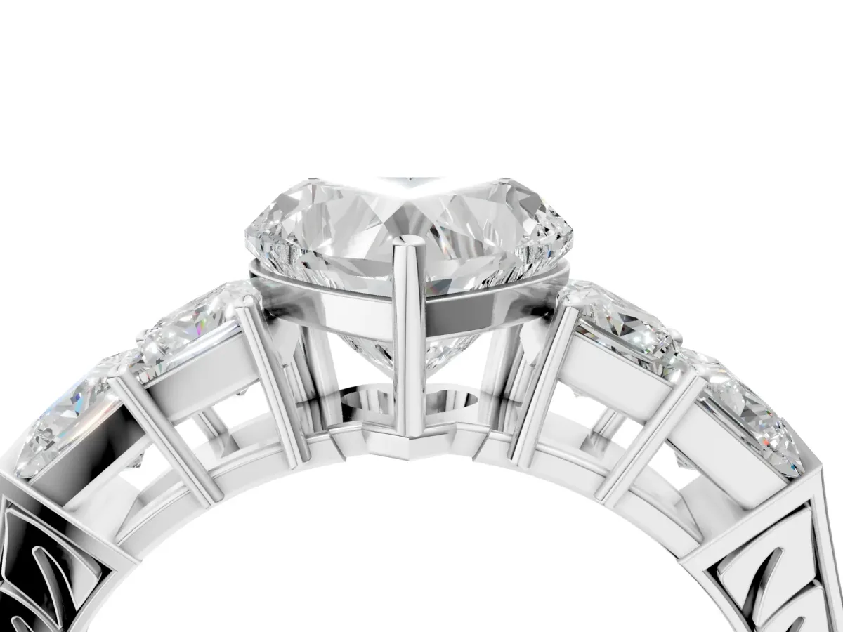 Heart Cut Solitaire Princess Side Stone Engraved Band Prong Setting Ring Platinum