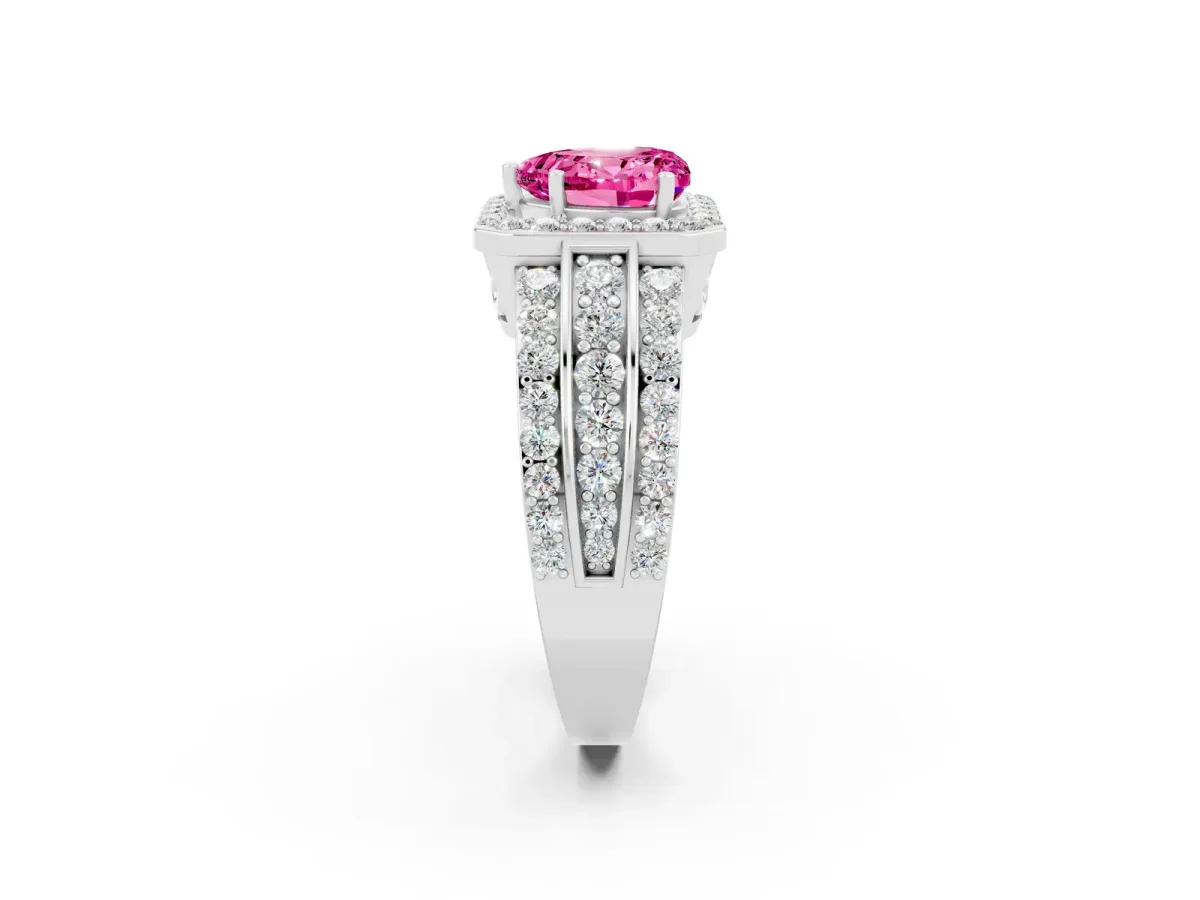 Heart Cut Halo Pink Sapphire Ring with Round Split Shank and Prong Setting Silver