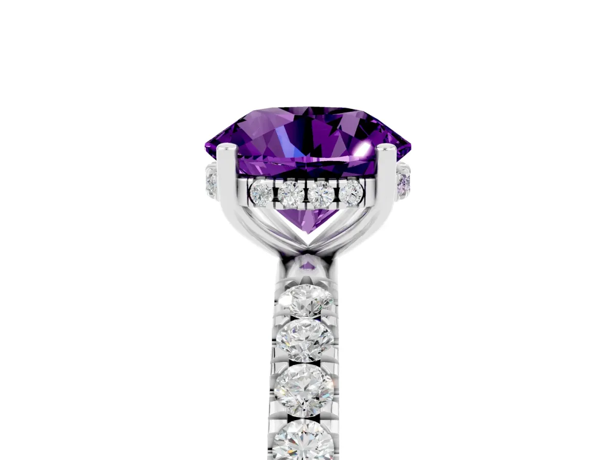 Round Cut Amethyst Pave Band Solitaire Ring with Round and Prong Setting Platinum