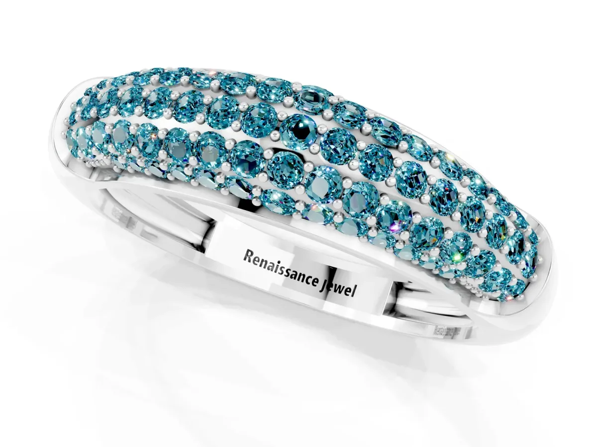 Three-Row Pavé Round Blue Topaz Dome Band Platinum