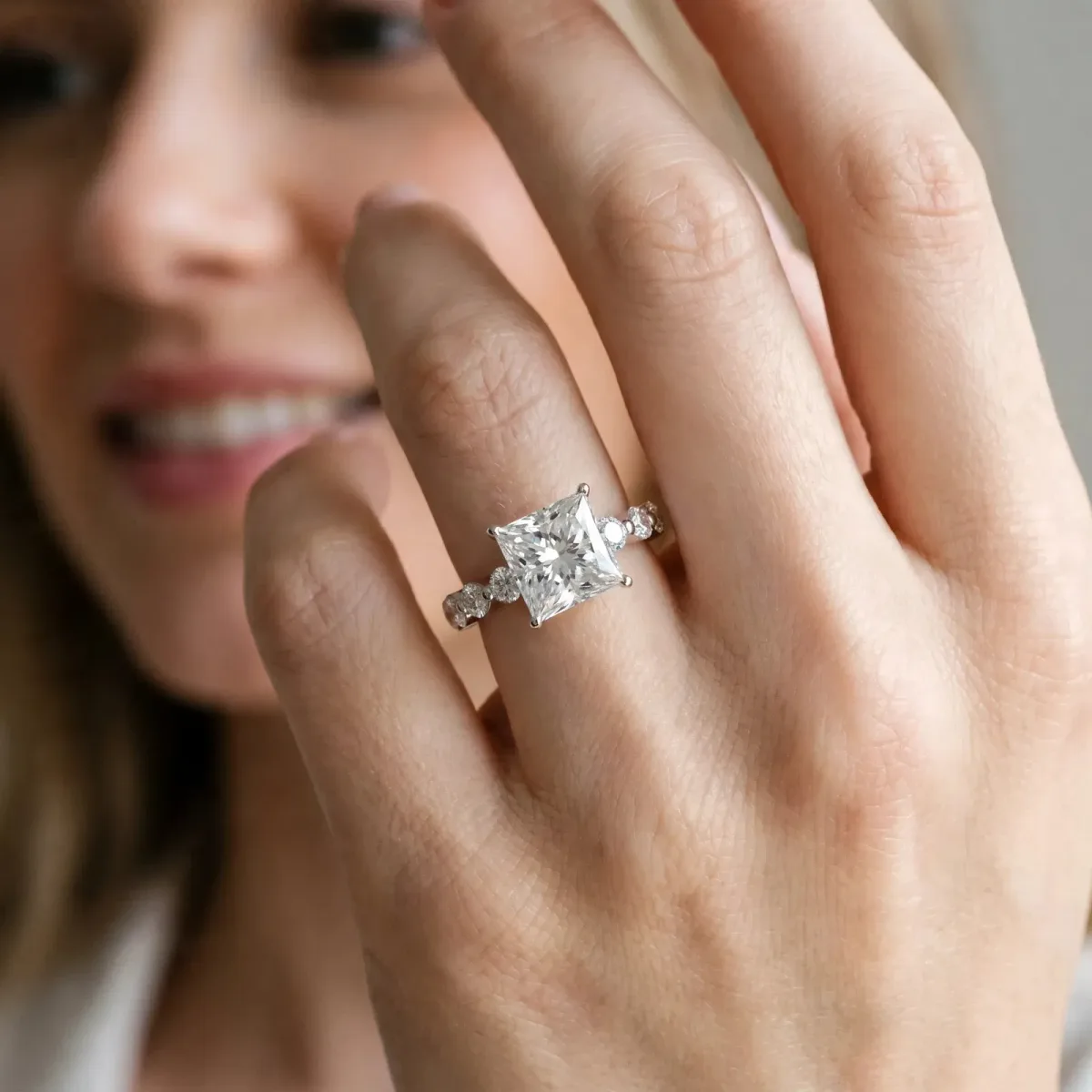 Princess Cut Solitaire Diamond Ring with Pave Band and Four-Prong Setting Platinum