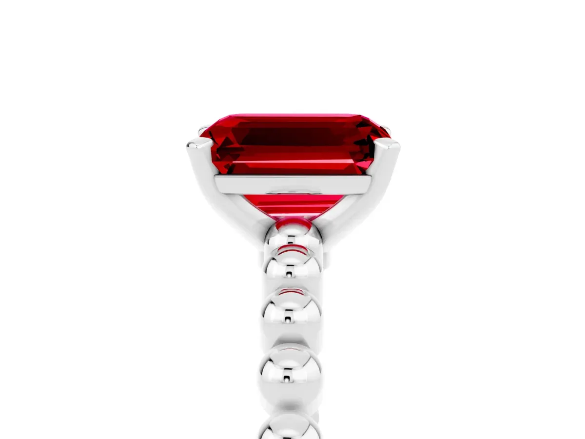 Emerald Cut Ruby Solitaire Ring with Beaded Band and Prong Setting Silver
