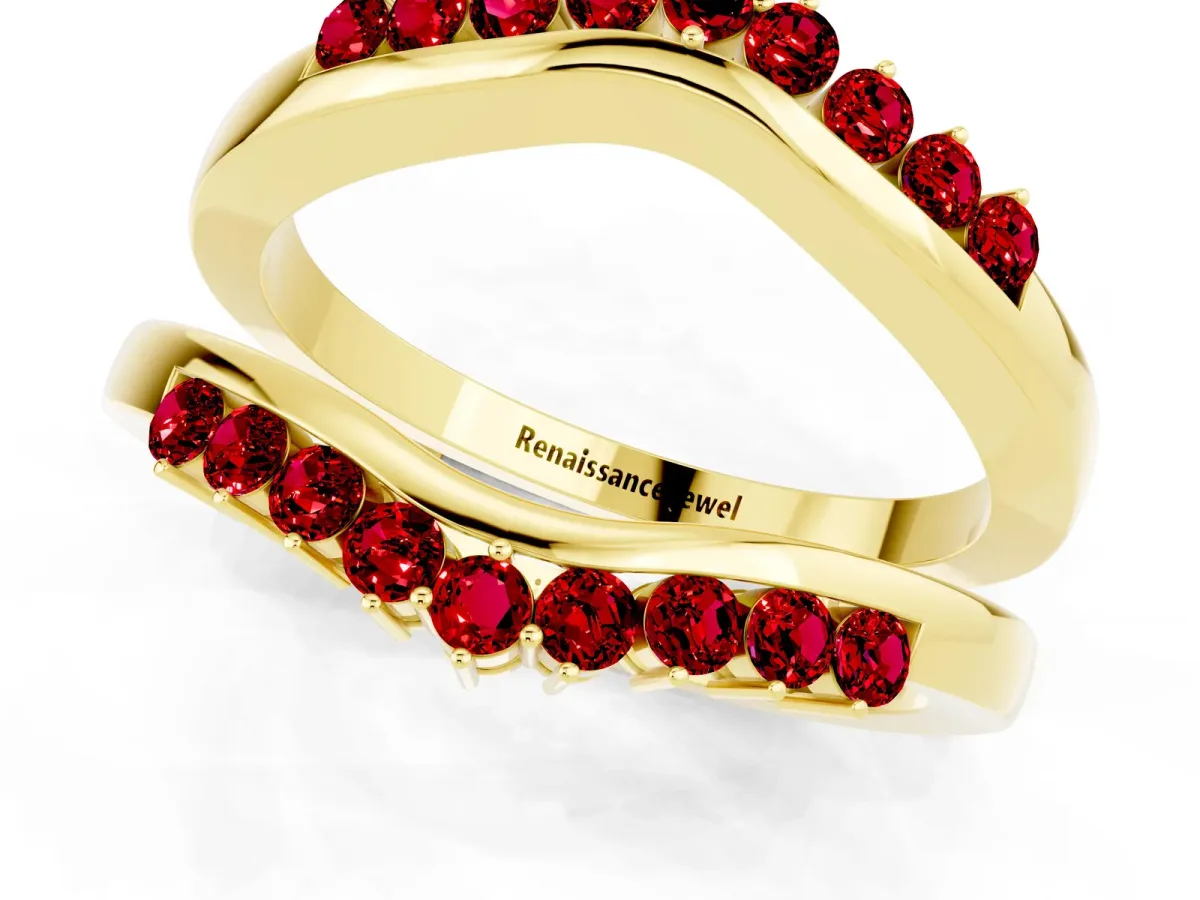 Round Ruby Chevron Contour Band with Prong Setting Yellow gold