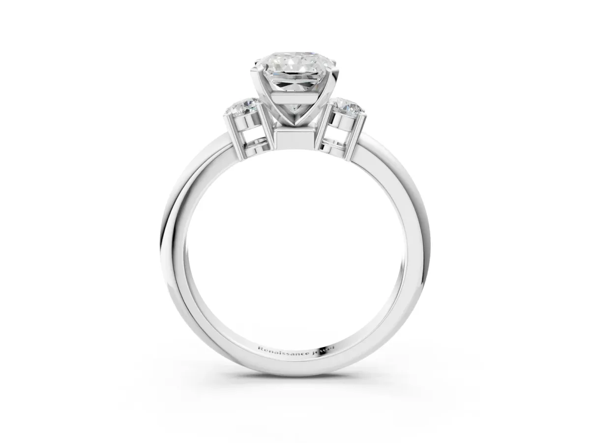 Three-Stone Radiant Cut Cut Diamond Solitaire with Prong Setting and Classic Band Platinum