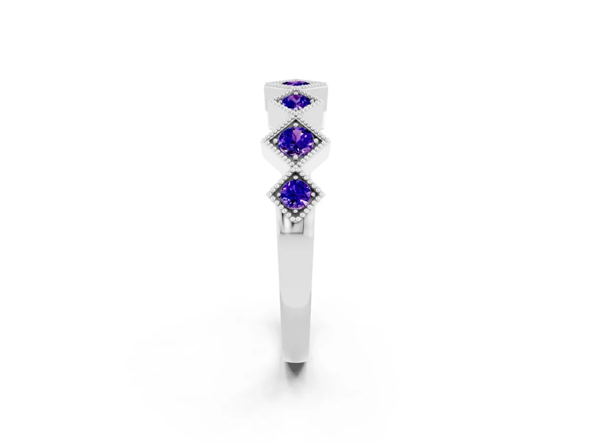 Milgrain Square Bezel Round Tanzanite Chevron Band Silver