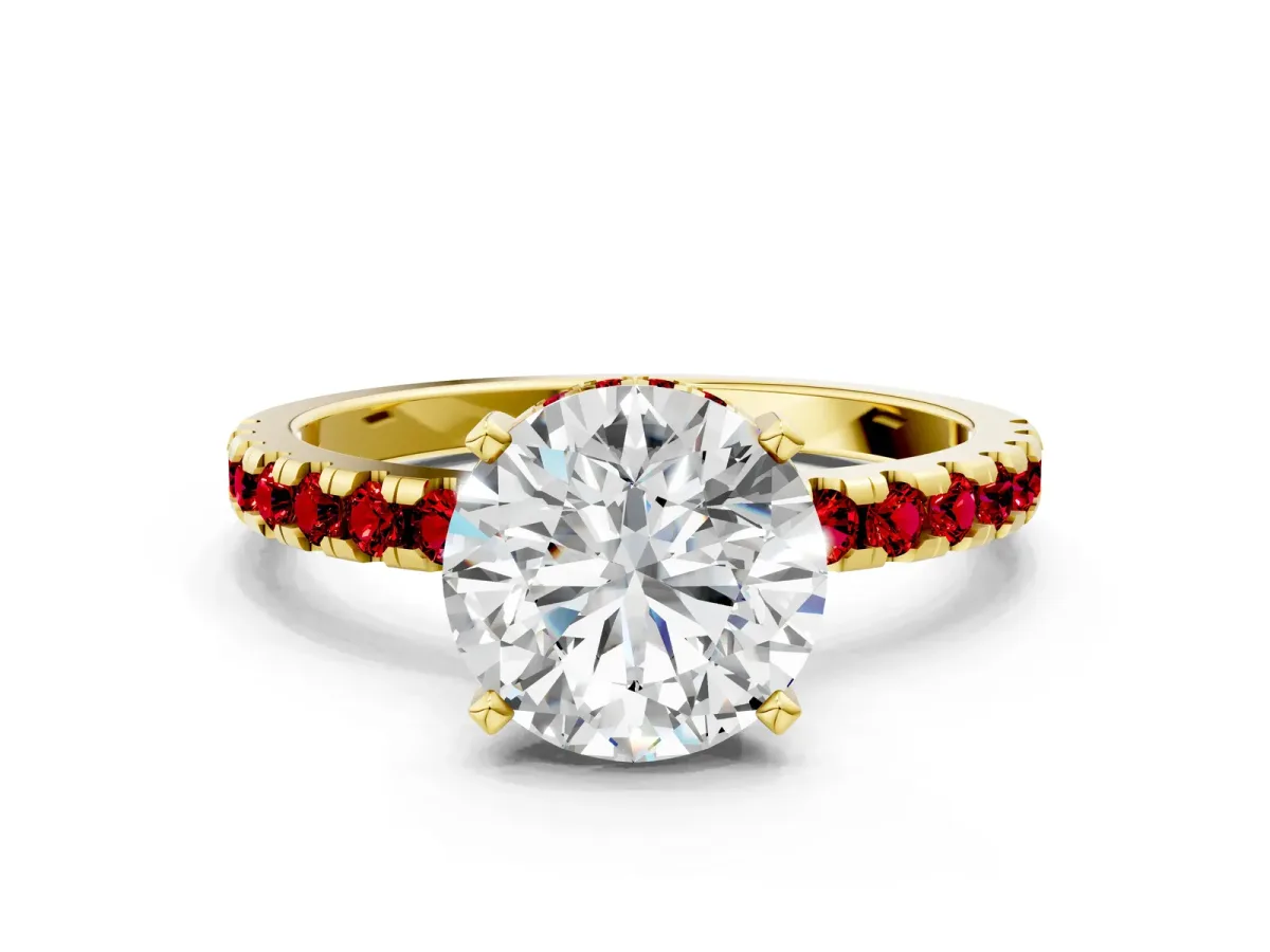 Round Cut Diamond Solitaire Ring with Round Ruby Pavé Band and Four-Prong Setting Yellow gold