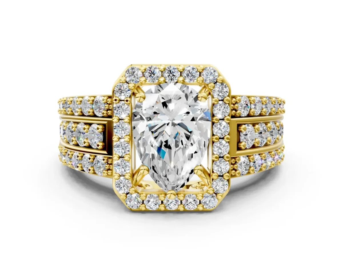 Pear Cut Halo Diamond Ring with Round Split Shank and Prong Setting Yellow gold