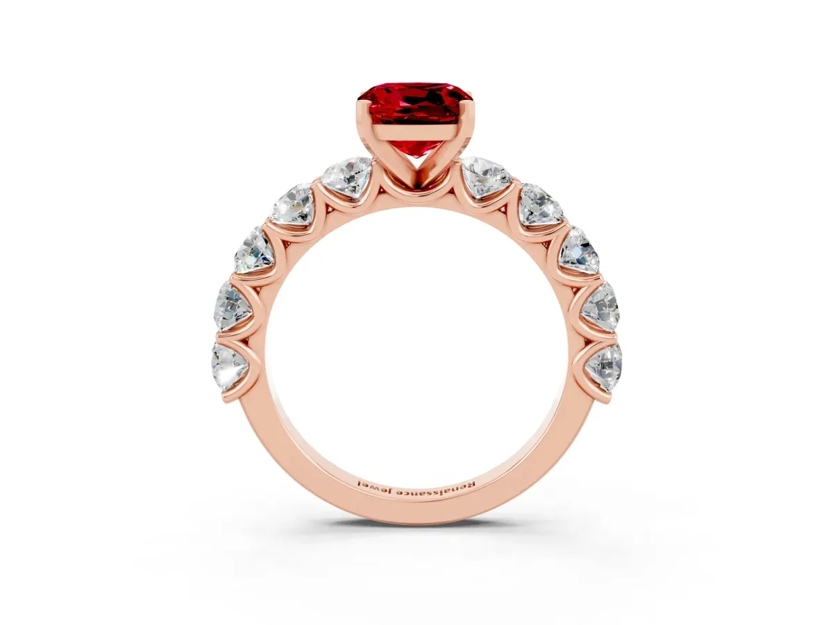 Cushion Cut Ruby Prong Setting with Side Stones on a Pave Band Rose gold