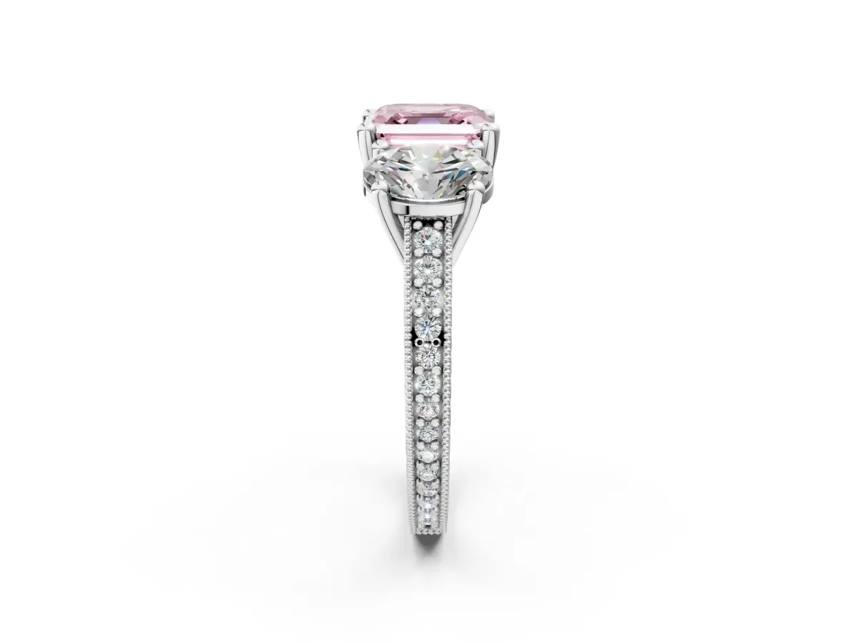 Fancy Pink Three-Stone Asscher Cut Diamond Milgrain Pave Band with Prong Setting Platinum