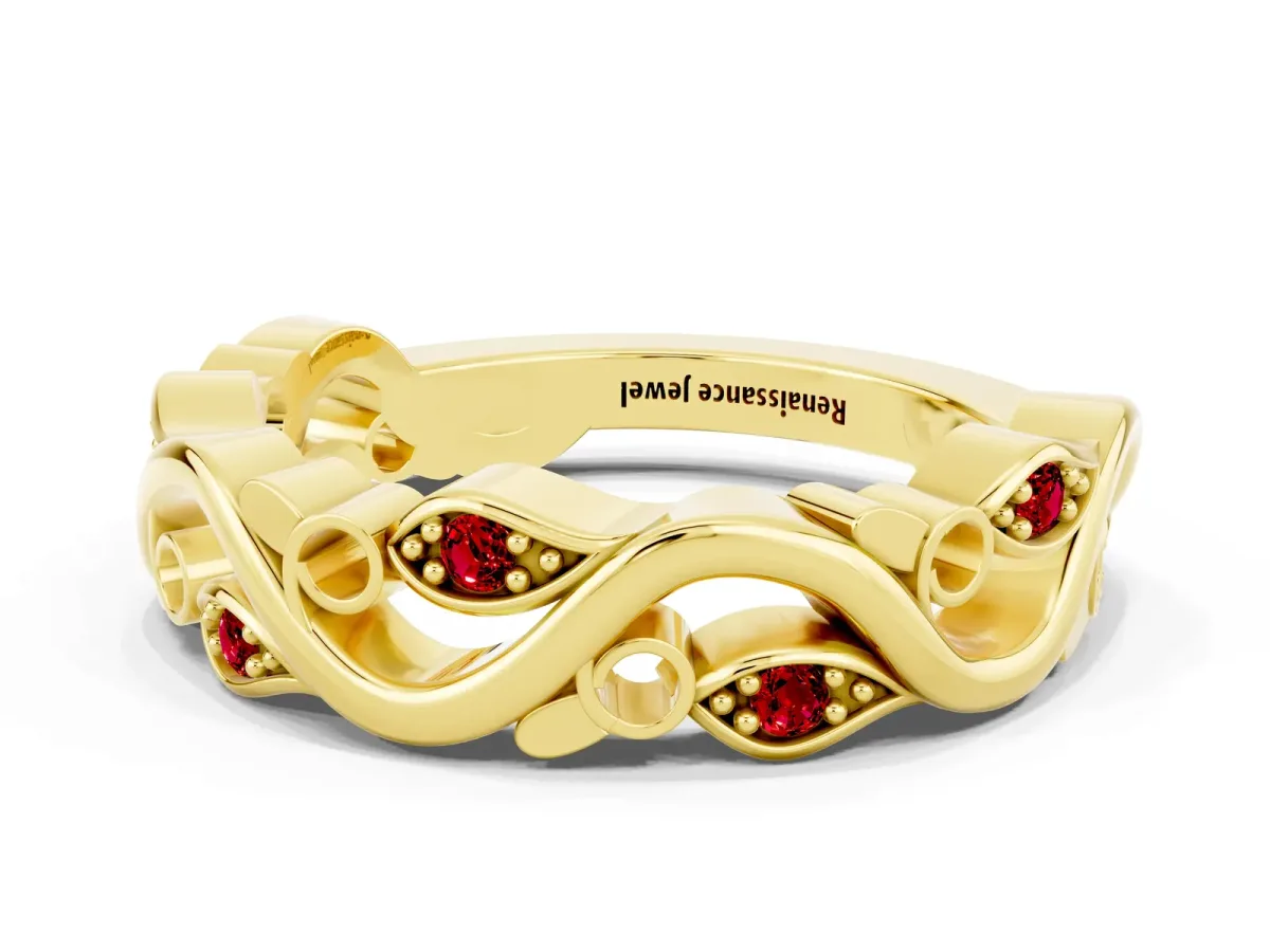 Marquise Ruby Vine Eternity Band with Bezel Setting Yellow gold