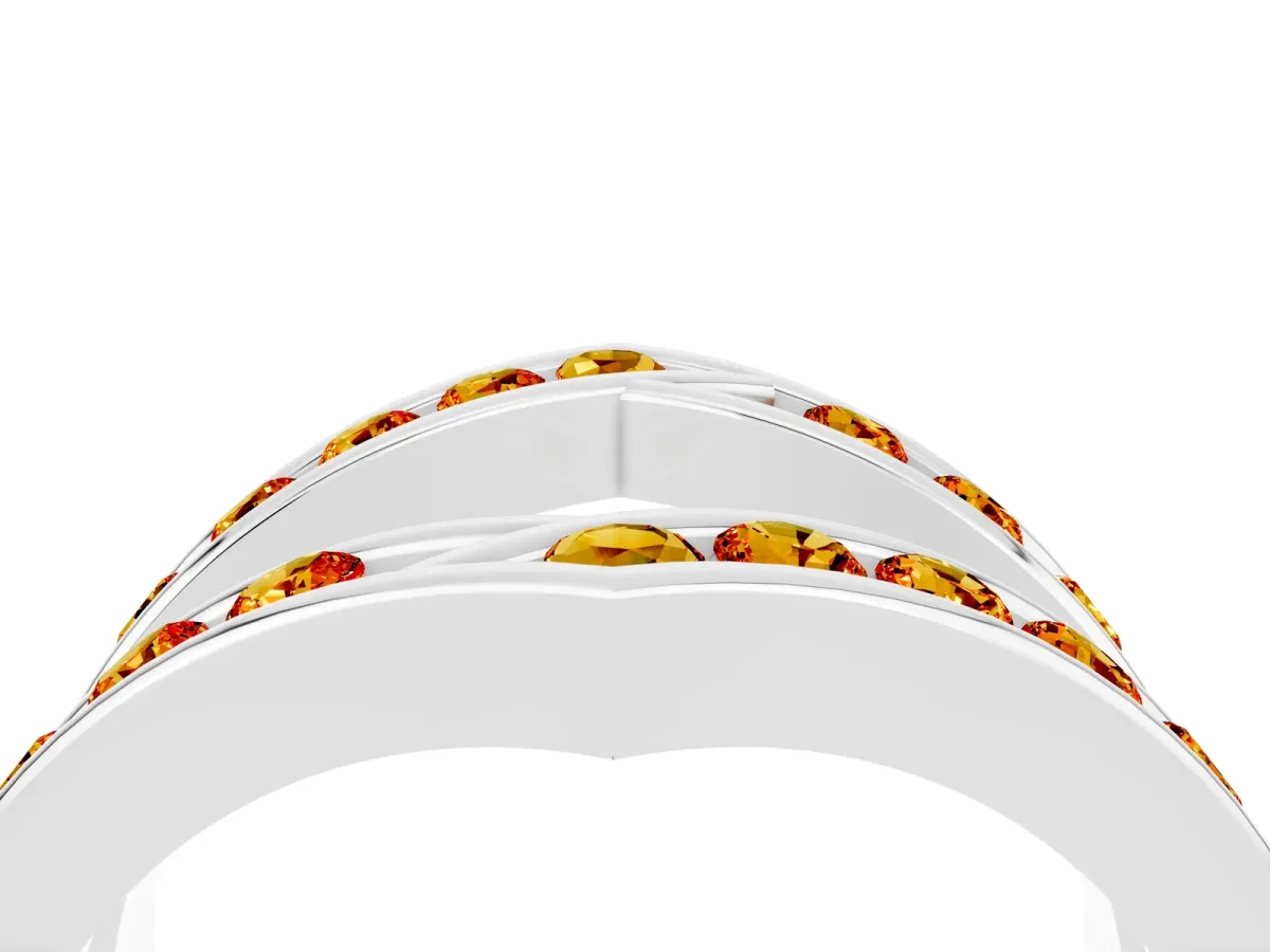 Round Citrine Channel-Set Chevron Band Silver