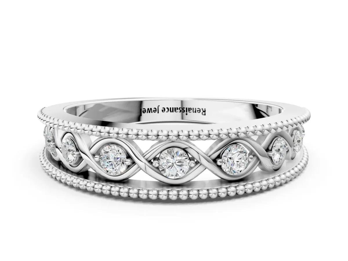 Round Diamond Twist Milgrain Band with Bezel Setting Silver