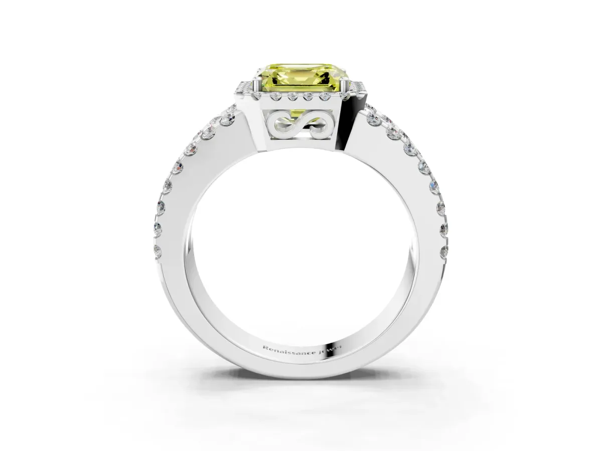 Fancy Yellow Asscher Cut Cut Halo Split Shank Diamond Ring with Four-Prong Setting Platinum