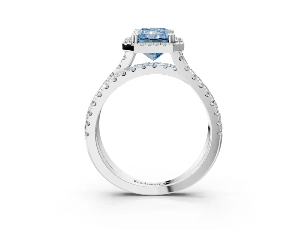 Fancy Blue Radiant Cut Halo Split Shank Diamond Ring with Pavé Setting Platinum