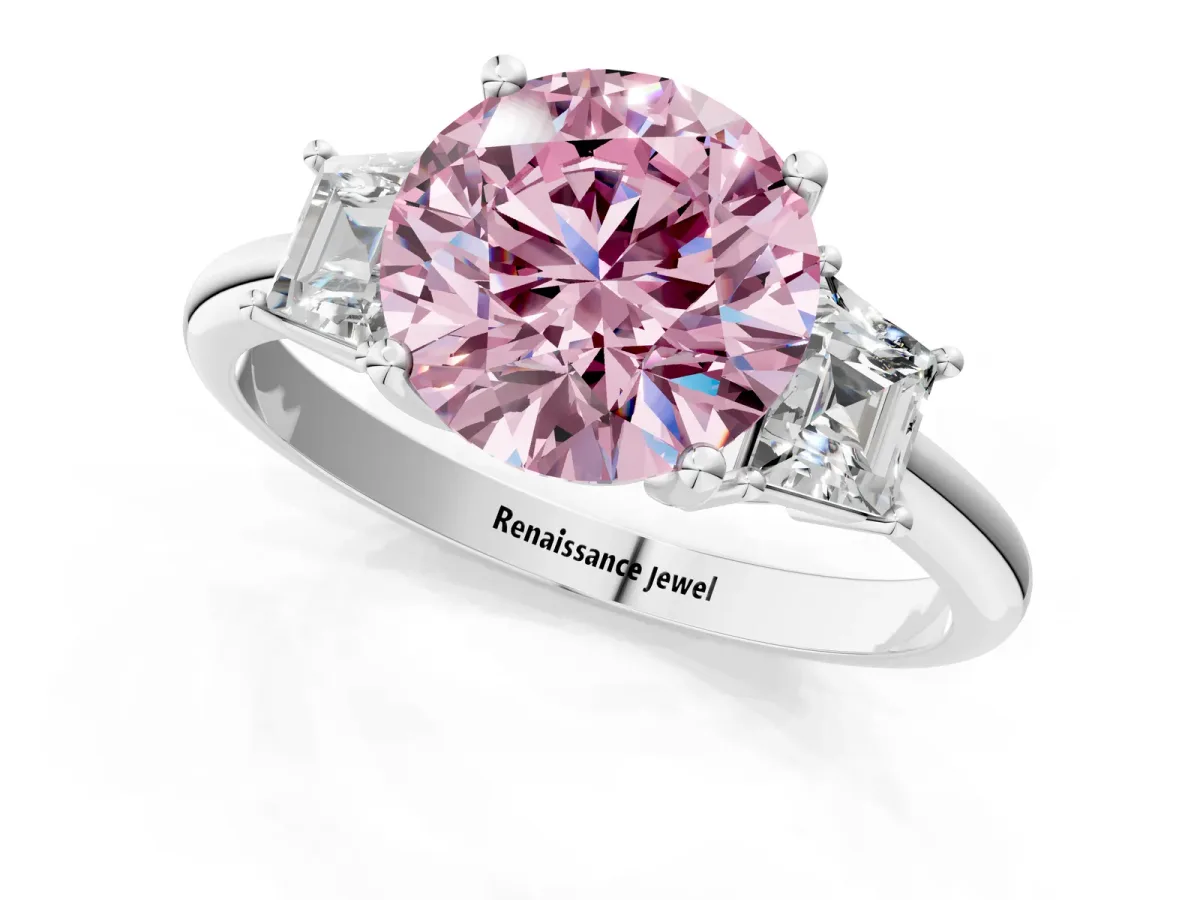Fancy Pink Round Cut Diamond Three-Stone Ring with Trapezoid Side Stones and Prong Setting Platinum