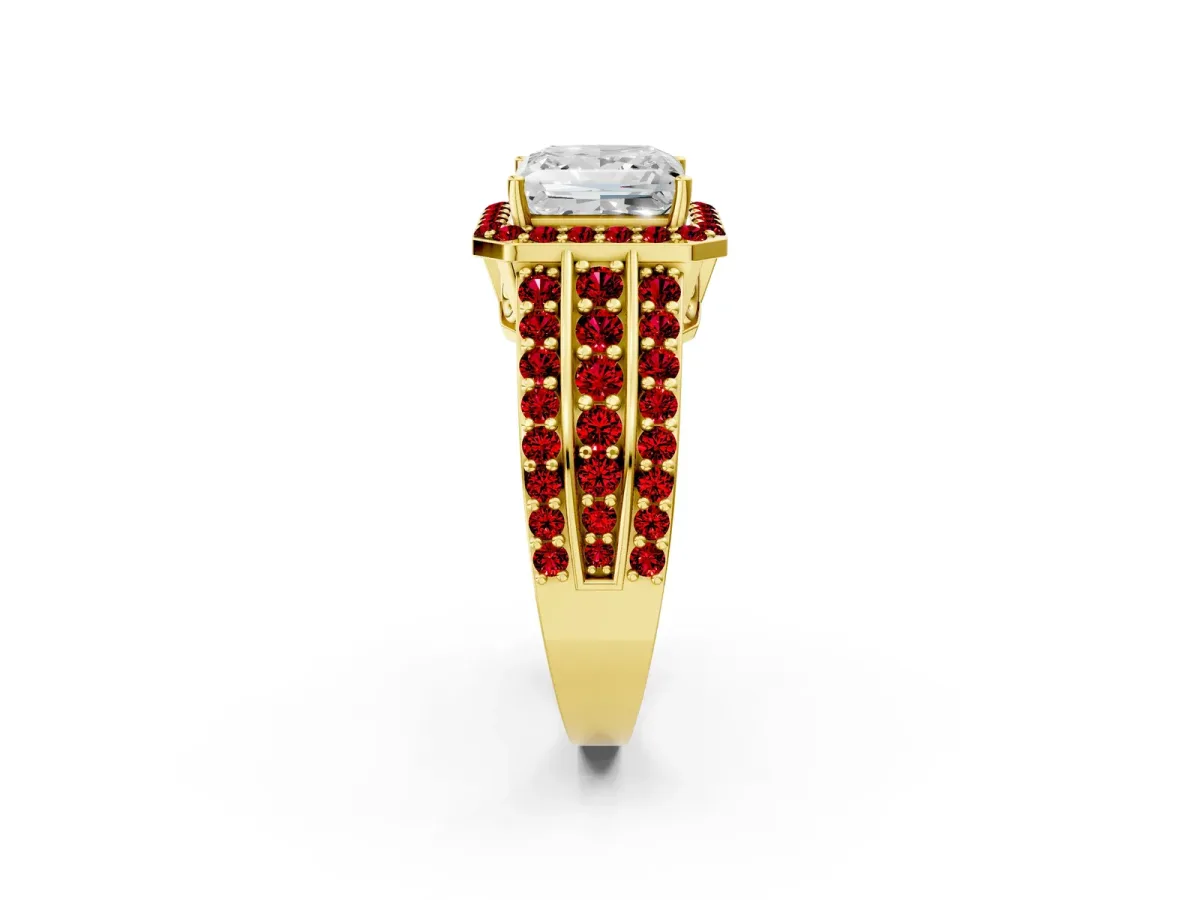 Princess Cut Halo Diamond Ring with Round Ruby Split Shank and Prong Setting Yellow gold