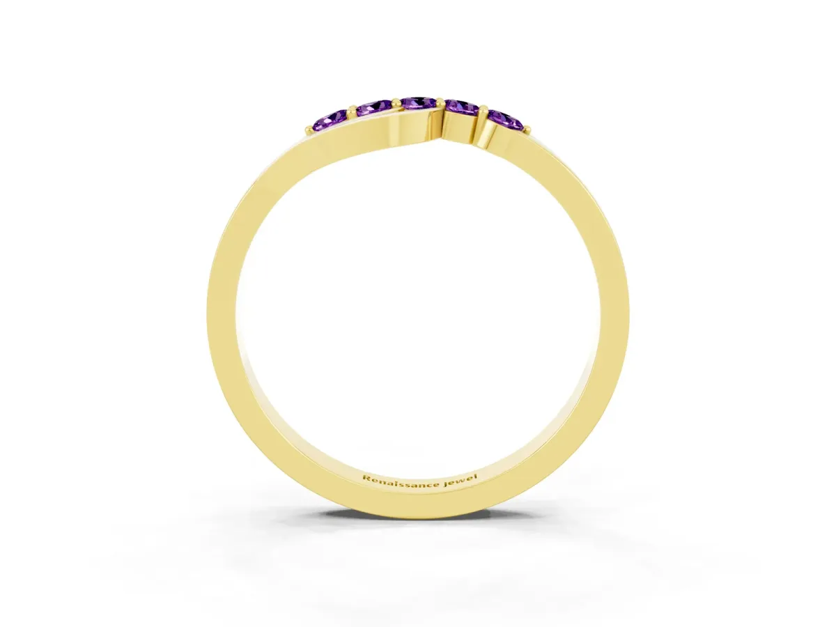 Five-Stone Round Amethyst Crossover Band with Prong Setting Yellow gold