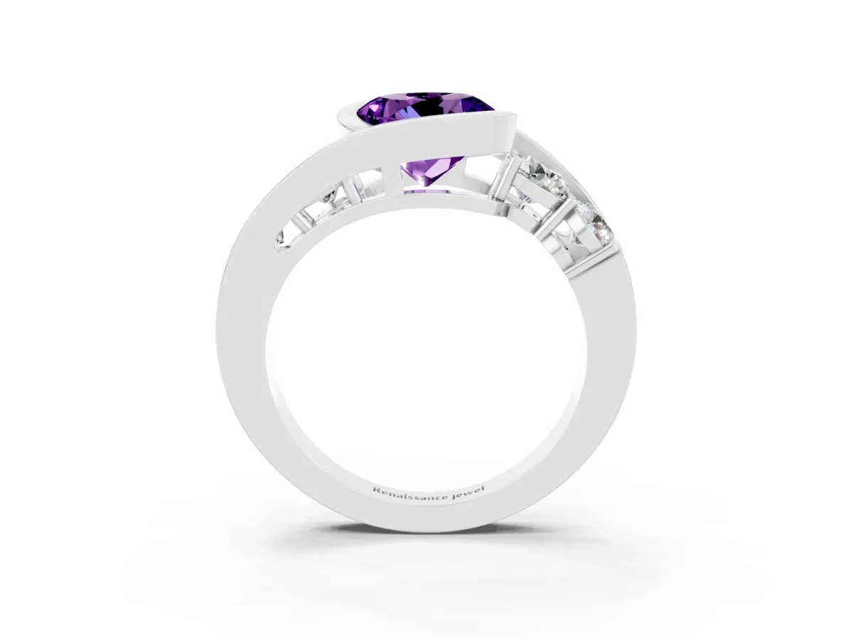 Bezel Set Round Cut Amethyst Bypass Ring with Round Accents Silver