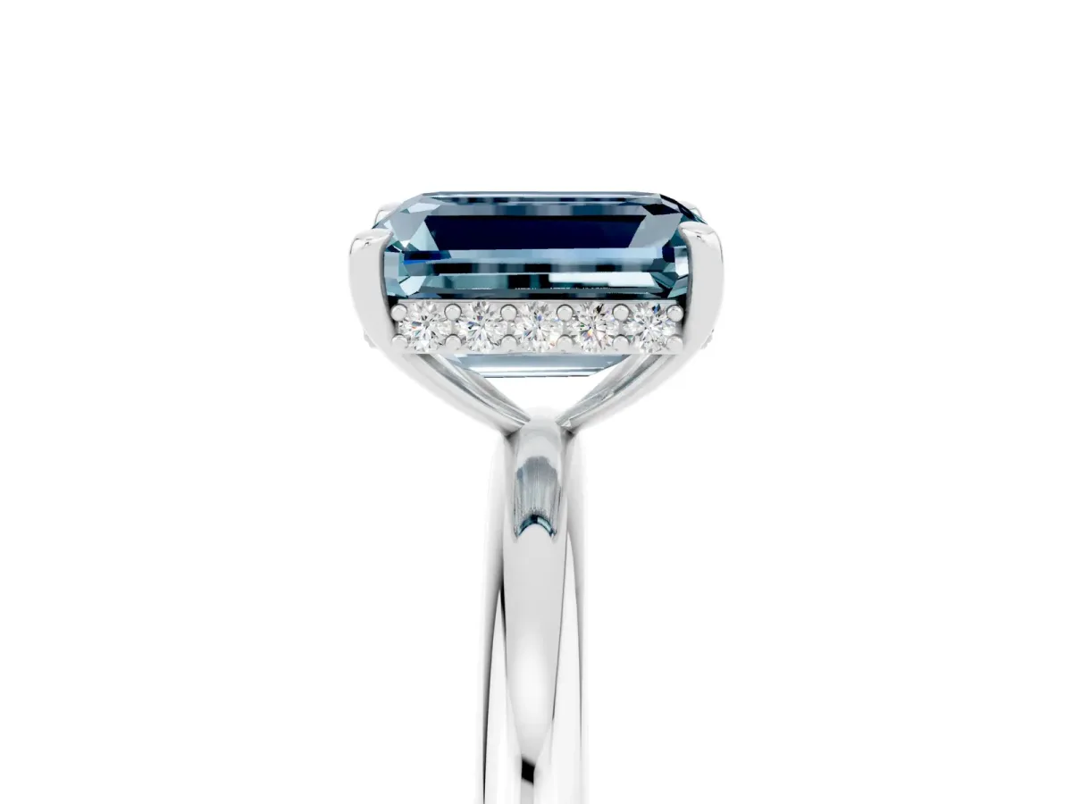 Emerald Cut Aquamarine Solitaire Ring with Thin Band and Four-Prong Setting White gold
