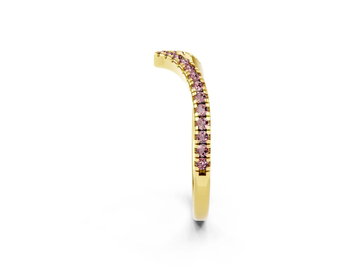 Pavé Round Morganite V-Shaped Chevron Band with Shared Prong Setting Yellow gold