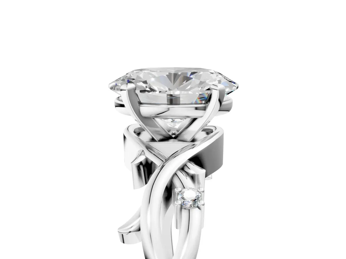 Oval Cut Diamond Solitaire Ring with Twisted Band and Prong Setting Silver