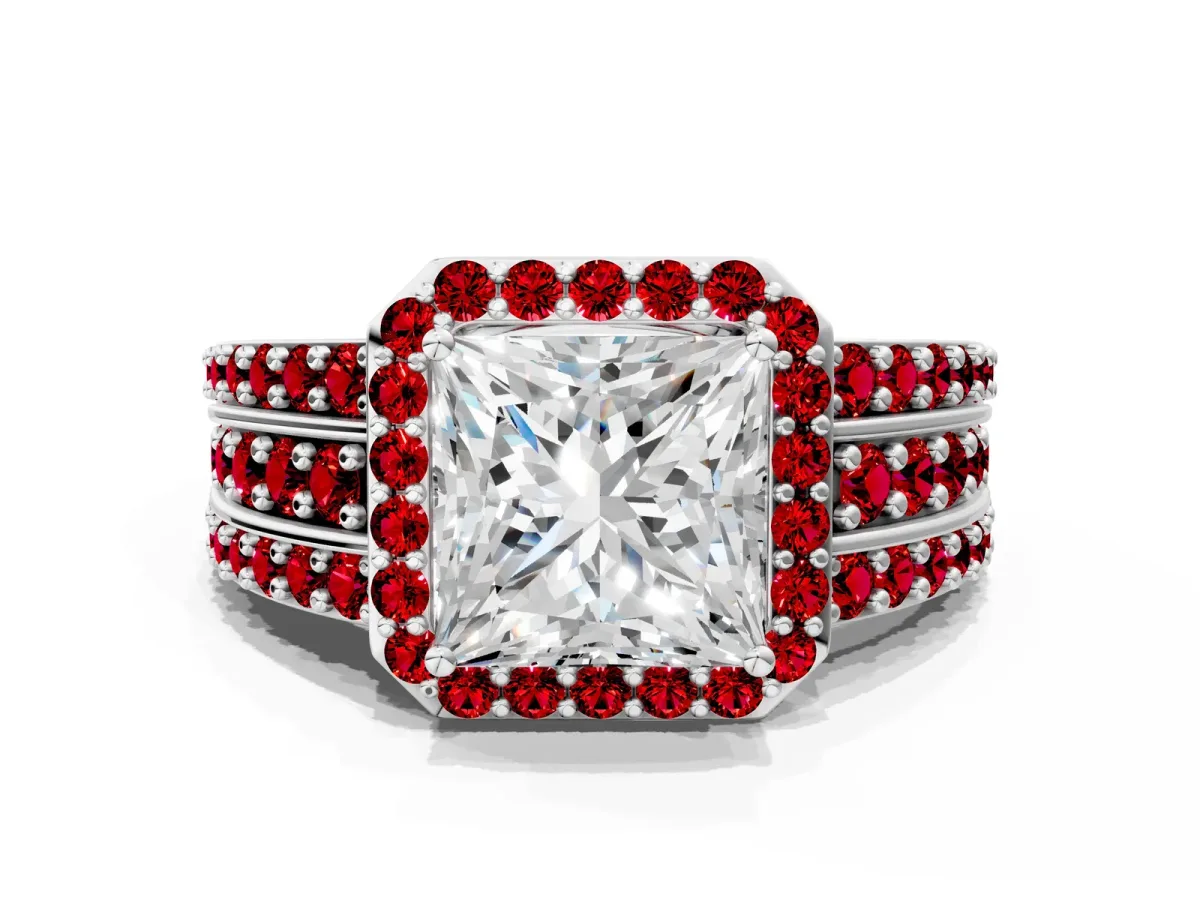 Princess Cut Halo Diamond Ring with Round Ruby Split Shank and Prong Setting Platinum