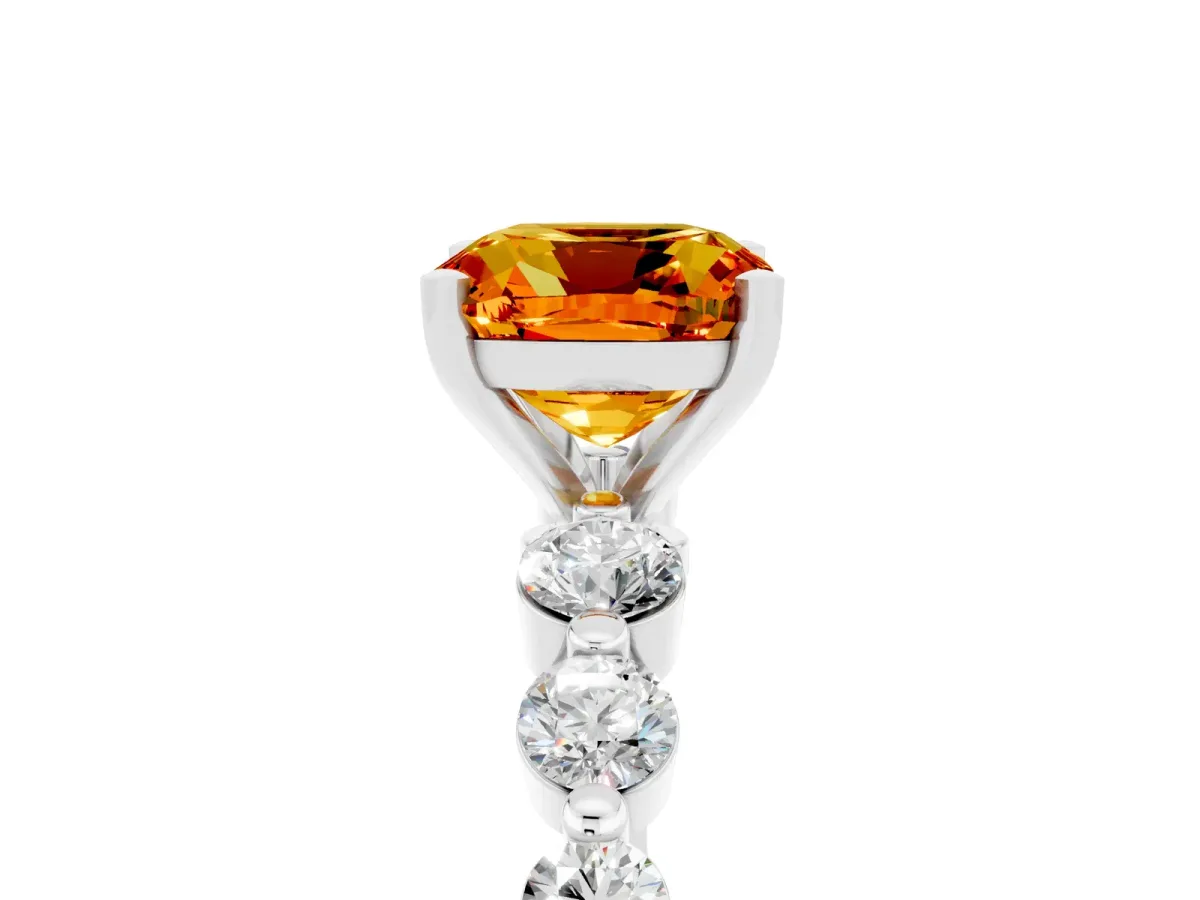 Cushion Cut Solitaire Citrine Ring with Pave Band and Four-Prong Setting Platinum
