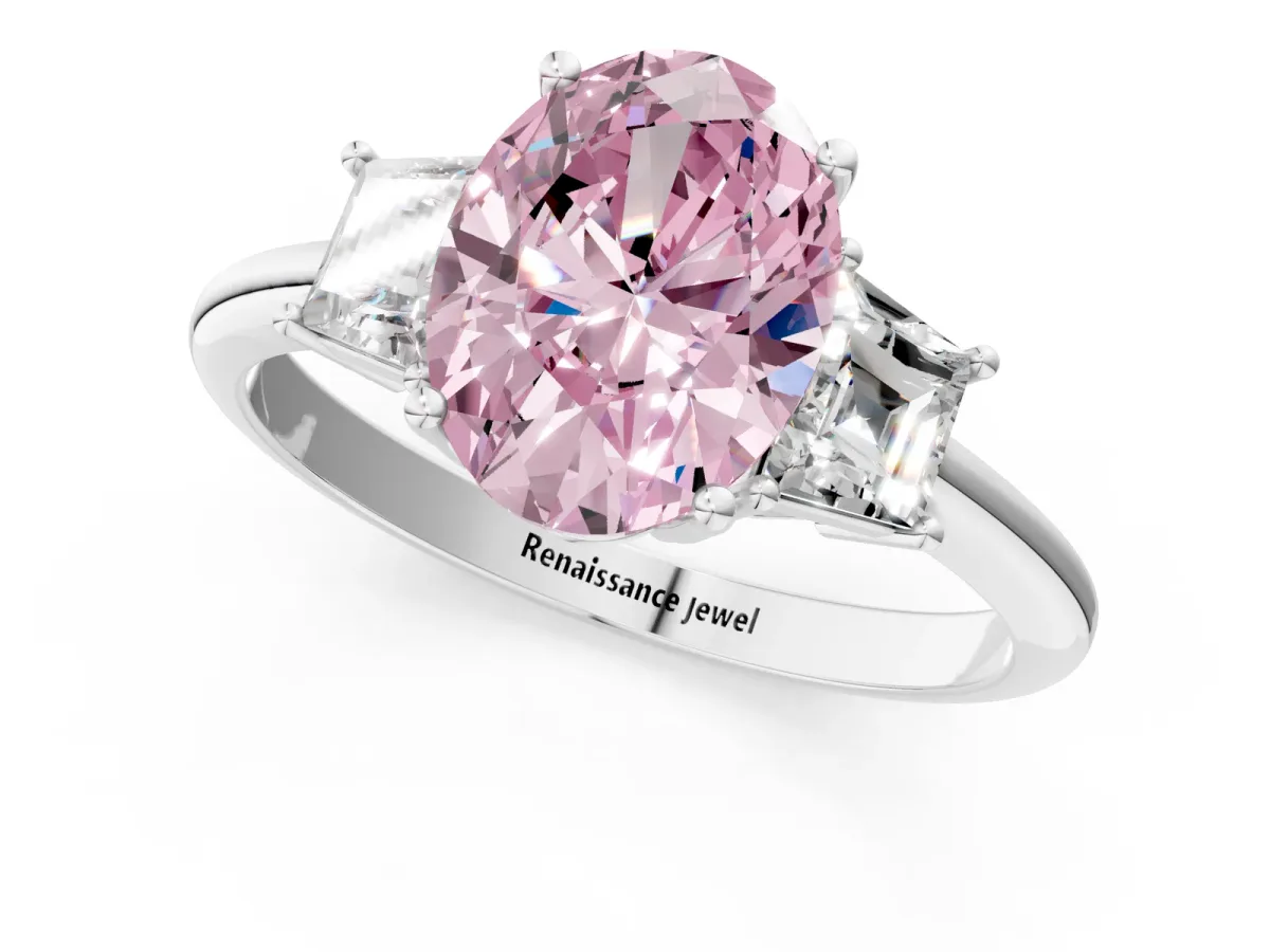 Fancy Pink Oval Cut Diamond Three-Stone Ring with Trapezoid Side Stones and Prong Setting Platinum